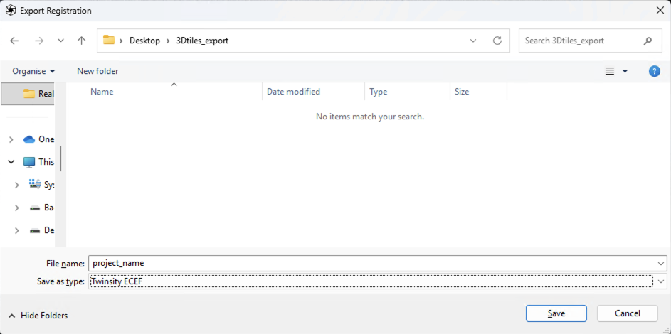 RealityScan's registration export dialog with Twinsity ECEF selected