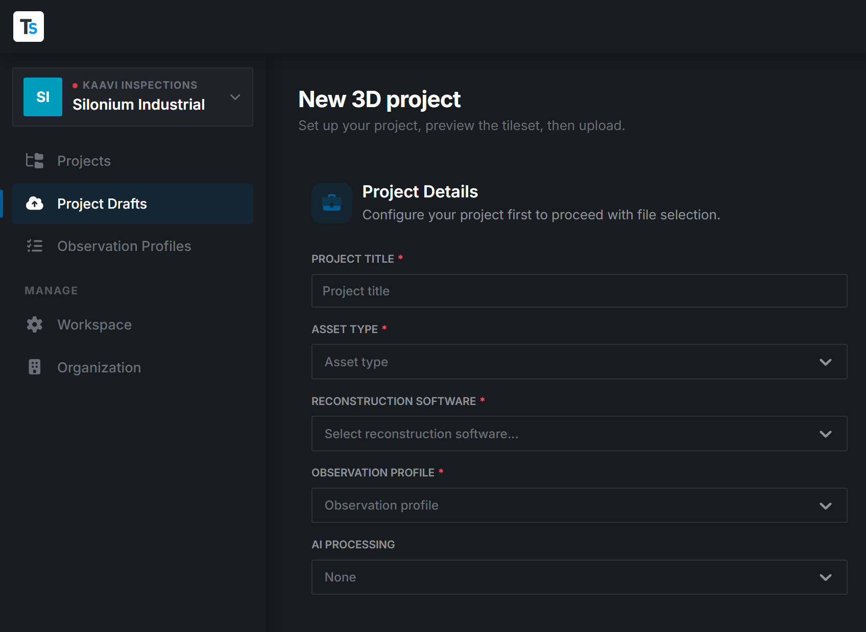 The Setup step of the upload wizard, showing project details on the left and file selection on the right