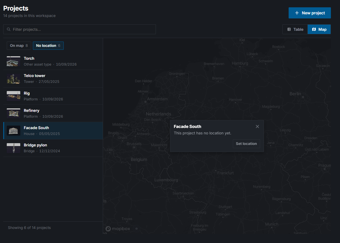 The No location list with a project selected, its reason and Set location on the dimmed map