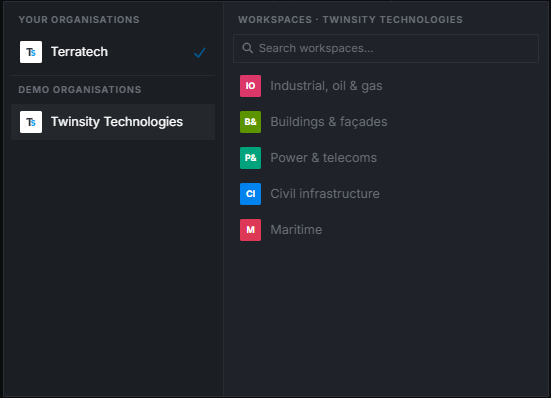The picker with Your organisations listed above Demo organisations