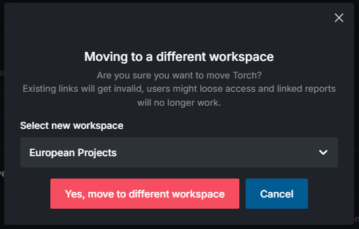 The move dialog with its warning and the workspace picker