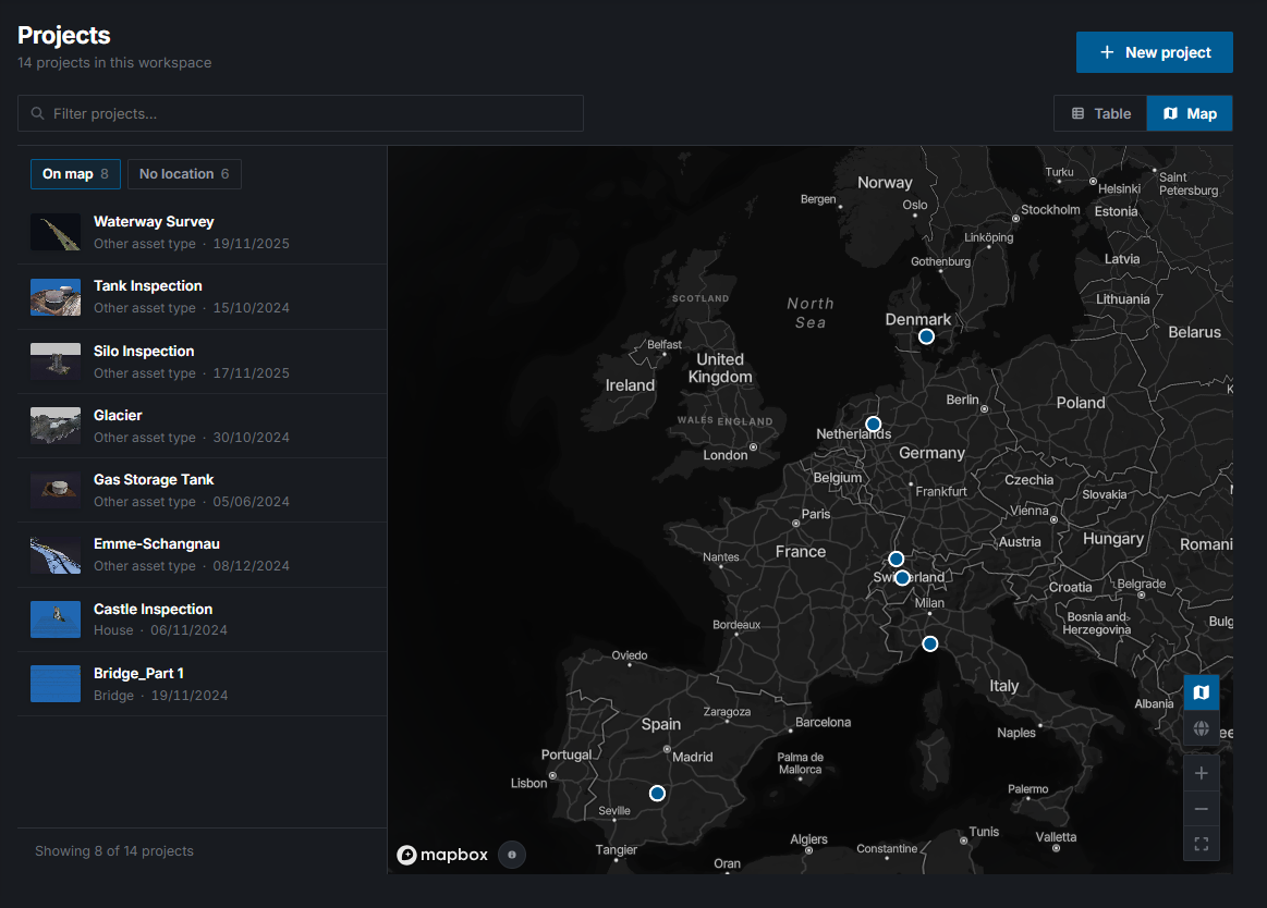 The map with pins across a region and the project list beside it, Map selected in the view switch